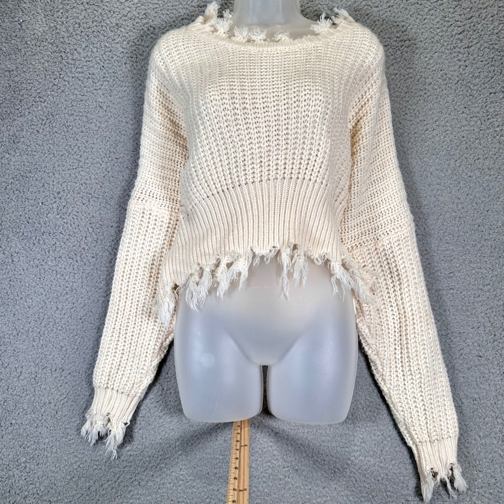 Cropped Sweater Cream Knit Oversized Frayed Women's‎ M/L Grunge Thrashed Event - Picture 13 of 16